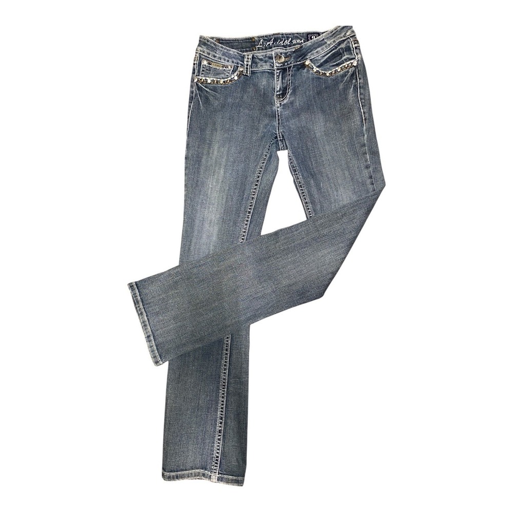 LA Idol USA Womens 9 Y2K Bootcut Jeans Rhinestone Embroidered Bling Western